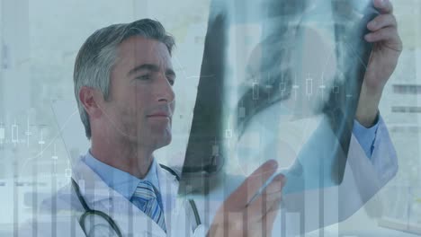 Animation-of-graphs-with-changing-numbers-over-caucasian-doctor-examining-patient-x-ray-report