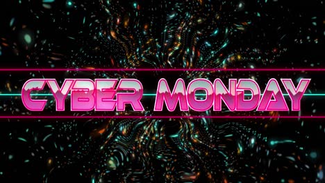 Animation-of-cyber-monday-text-over-illuminated-abstract-pattern-against-black-background