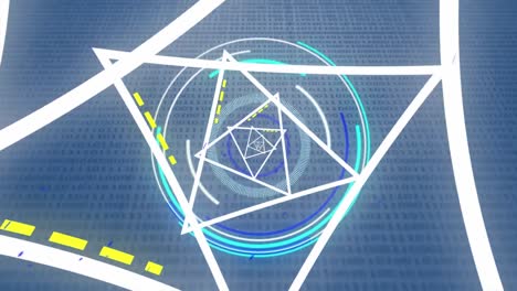 Animation-Von-Linien-Auf-Einem-Dreieckigen-Tunnel-über-Kreisen,-Schleifen-Von-Binärcodes-Vor-Blauem-Hintergrund