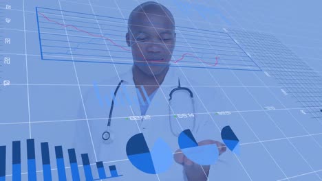 Animation-of-data-processing-over-african-american-male-doctor-with-tablets