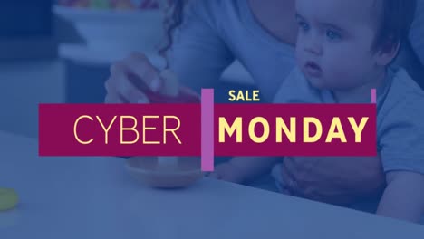 Animation-of-sale-and-cyber-monday-text,-caucasian-mother-and-child-playing-with-toys-at-home