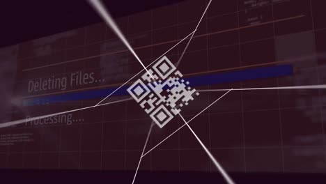 Animation-of-qr-codes-between-lines-over-texts-and-computer-language-against-black-background