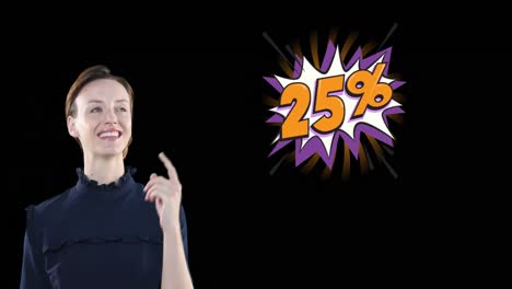 Animation-of-happy-caucasian-woman-pointing-towards-25-number-with-percentile-on-black-background