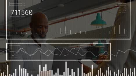 Animation-of-graphs-and-changing-numbers-over-african-american-man-working-on-laptop-in-office