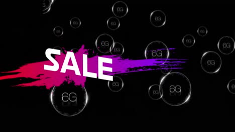 Animation-of-sale-text-on-color-splash-with-geometric-shapes,-6g-text-in-bubble-on-black-background