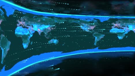Animation-of-data-processing-and-screen-with-world-map-on-black-background