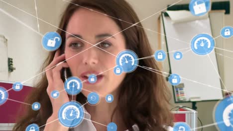 Animation-of-network-of-connections-with-icons-over-caucasian-businesswoman-on-smartphone