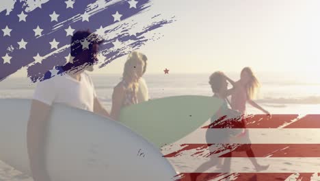 Animation-of-flag-of-america-over-diverse-friends-walking-with-surfing-walking-towards-ocean