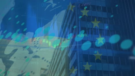 Animation-of-graphs,-map-and-european-flag-over-low-angle-view-of-building-against-sky
