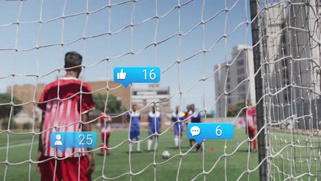 Animation-of-social-media-icons,-text-and-data-processing-over-diverse-football-players