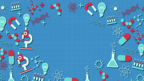 Animation-of-multiple-science-concept-icons-against-blue-background-with-copy-space