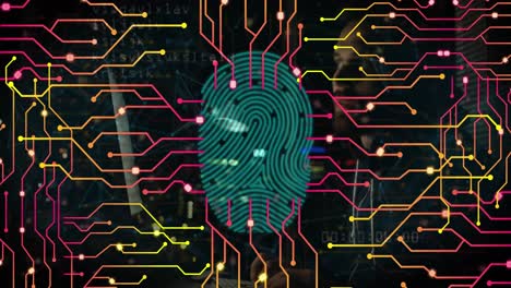 Animation-of-biometric-fingerprint,-circuit-board,-data-processing-over-caucasian-male-technician