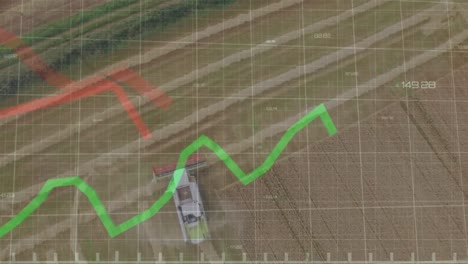 Animation-of-graphs-with-changing-numbers,-aerial-view-of-harvest-vehicle-on-agriculture-field