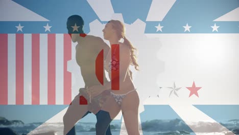 Animation-of-mechanic-gear-over-flag-of-america,-diverse-couple-walking-out-after-swimming-in-sea