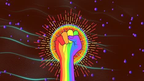 Animation-of-lines-and-circles-around-lgbtqi-hand-doing-fist-over-dynamic-wave-pattern-in-background