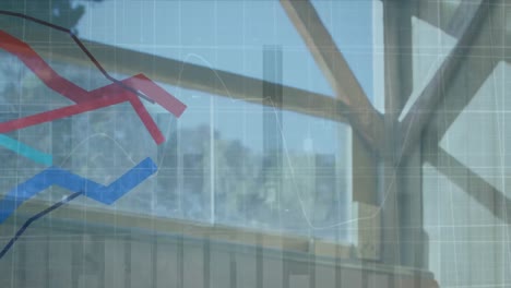 Animation-Mehrerer-Diagramme-über-Einem-Holzhaus-Glasfenster-Vor-Bäumen-Und-Himmel