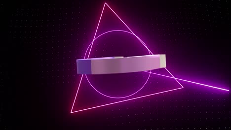 Animation-Eines-Violetten-Magnetischen-Hufeisens,-Das-Sich-über-Neonformen-Auf-Schwarzem-Hintergrund-Dreht