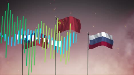 Animation-of-data-processing-over-flags-of-russia,-china-and-taiwan
