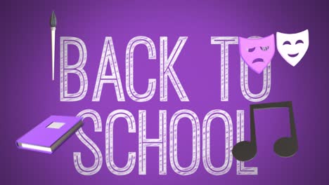 Animation-of-education-icons-with-back-to-school-text-over-purple-background
