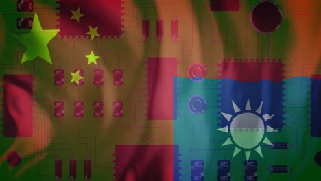 Animation-of-circuit-board-and-data-processing-over-flag-of-taiwan-and-china