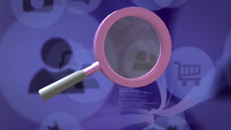 Animation-Einer-Lupe,-Die-Sich-über-Digitale-Symbole-Auf-Violettem-Hintergrund-Dreht
