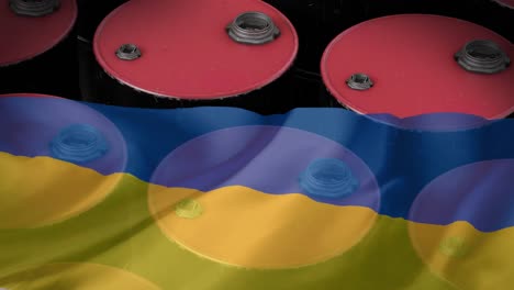 Animation-Von-Ölfässern-über-Der-Flagge-Der-Ukraine