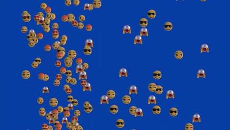 Animation-Von-Emoji-Symbolen,-Die-über-Blauen-Hintergrund-Fliegen