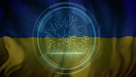 Animation-of-padlock-and-data-processing-over-flag-of-ukraine