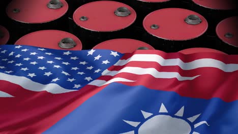 Animation-Von-Ölfässern-über-Den-Flaggen-Taiwans-Und-Der-USA