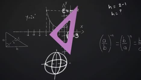 Animation-of-purple-ruler-spinning-over-mathematical-equations-on-black-background