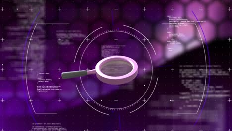Animation-of-magnifying-glass,-scope-and-data-processing-on-purple-background