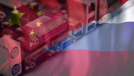 Animation-Eines-Computerservers-über-Der-Flagge-Russlands-Und-Chinas
