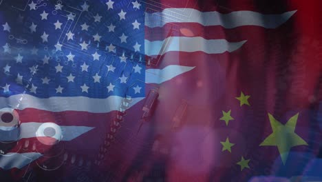 Animation-Der-Computerserver-Datenverarbeitung-über-Der-Flagge-Chinas-Und-Der-Vereinigten-Staaten-Von-Amerika