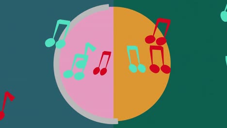 Animation-of-colourful-music-notes-moving-over-pink-and-yellow-circles-on-green-and-blue-background