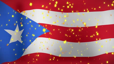 Animación-De-Confeti-Cayendo-Sobre-La-Bandera-Ondeante-De-Puerto-Rico-En-Segundo-Plano.
