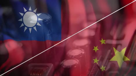 Animation-Einer-Computerplatine-über-Der-Flagge-Taiwans-Und-Chinas