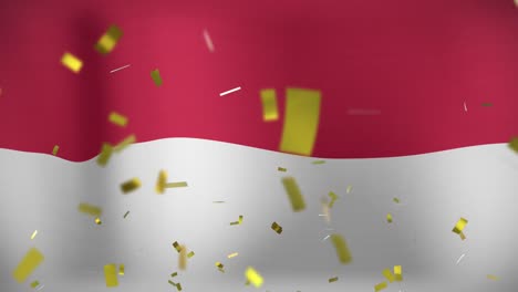 Animation-of-exploding-confetti-over-waving-flag-of-monaco-in-background