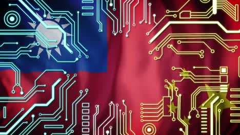 Animación-De-Placa-De-Circuito-De-Computadora-Y-Procesamiento-De-Datos-Sobre-La-Bandera-De-Taiwán.