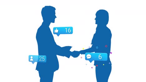 Composition-of-social-media-text,-icons-over-man-and-woman's-silhouette-shaking-hands