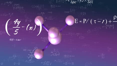 Animation-of-macro-of-molecules-and-mathematical-data-processing-on-purple-background