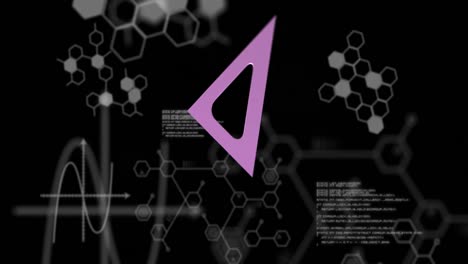 Animation-Eines-Violetten-Lineals,-Das-Sich-über-Die-Datenverarbeitung-Auf-Schwarzem-Hintergrund-Dreht