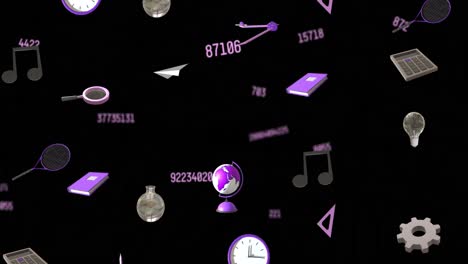 Animation-of-education-icons-with-numbers-over-black-background
