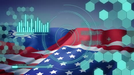 Animation-of-data-processing-over-flag-of-taiwan-and-united-states-of-america
