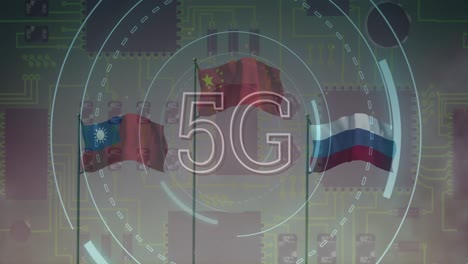 Animation-of-5g-text-and-data-processing-over-flags-of-russia,-china-and-taiwan