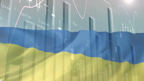 Animation-Der-Finanzdatenverarbeitung-über-Der-Flagge-Der-Ukraine