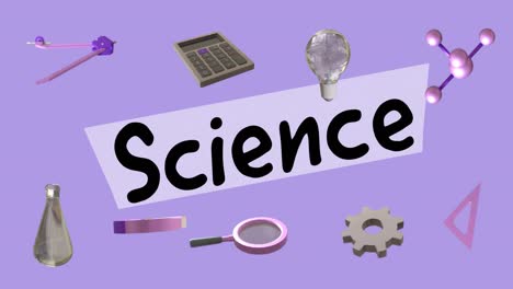 Animation-of-education-icons-with-science-text-over-purple-background