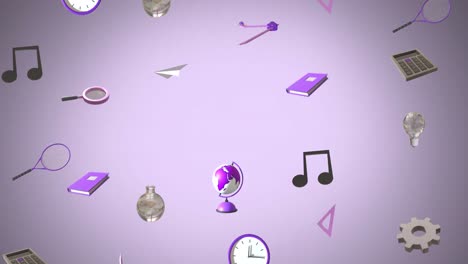 Animation-of-education-icons-with-copy-space-over-purple-background