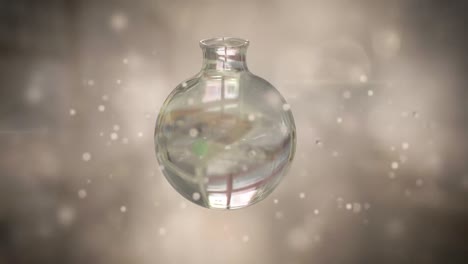Animation-of-laboratory-glass-bottle-spinning-over-light-spots-and-class-room-background