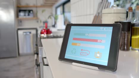 Tablet-with-smart-home-interface-on-white-worktop-in-kitchen,-slow-motion