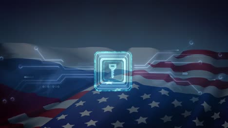 Animation-of-key-and-data-processing-over-flag-of-russia-and-united-states-of-america